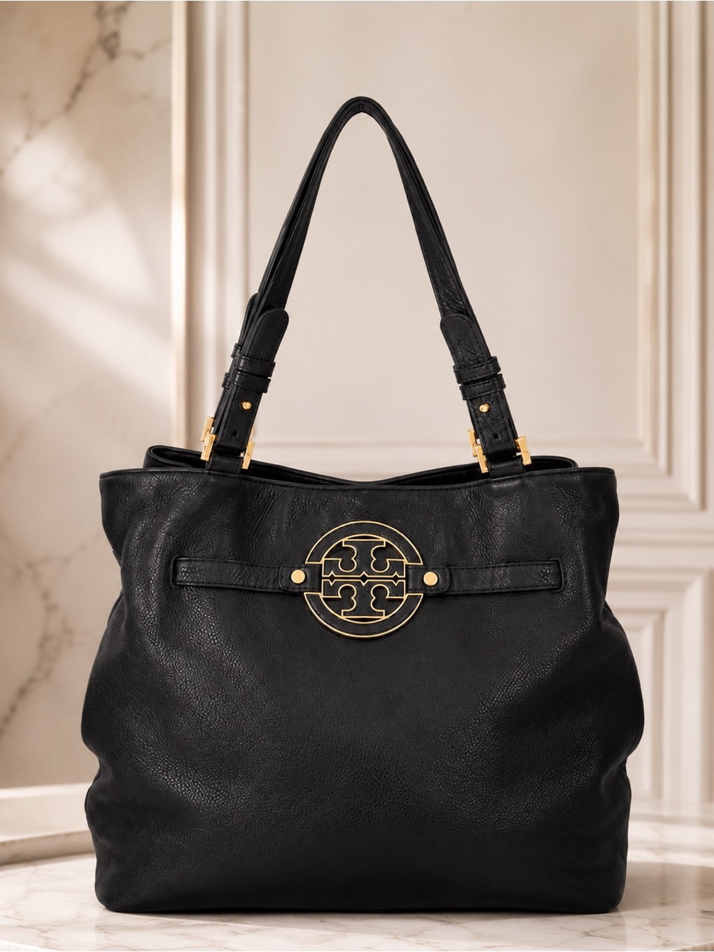 Tory Burch Amanda Black Pebbled Leather Tote Shoulder Bag Logo Gold Hardware